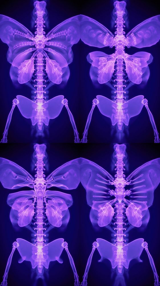  An human body x-ray photo have a butterfly flying in a photo purple radiography translucent. AI generated Image by rawpixel.