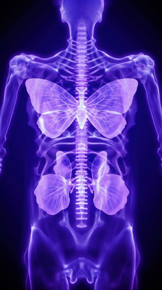  An human body x-ray photo have a butterfly flying in a photo purple radiography tomography. AI generated Image by rawpixel.