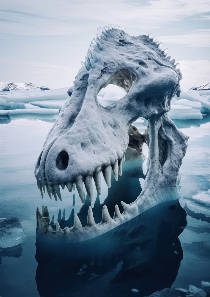 An ice in the shape of dinosaur fossil in the middle of the ocean outdoors nature animal. AI generated Image by rawpixel.