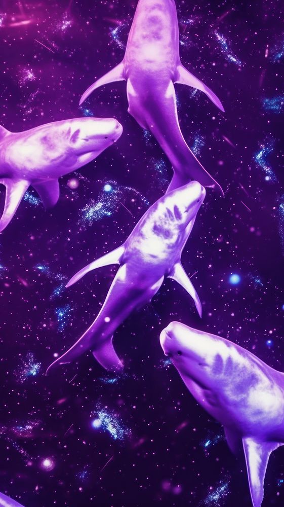  Four purple shark swimming in the glitter sea animal fish underwater. AI generated Image by rawpixel.