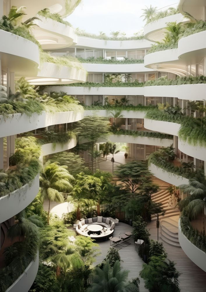 Modern white hotel full of plants architecture outdoors building. AI generated Image by rawpixel.