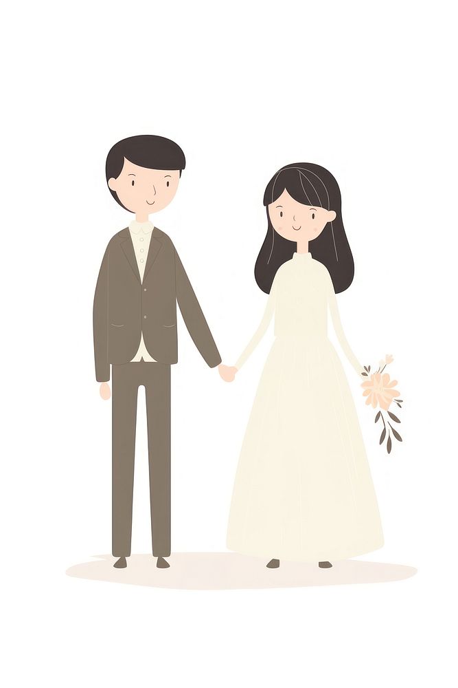 Doodle illustration of bride and groom cartoon dress white background.