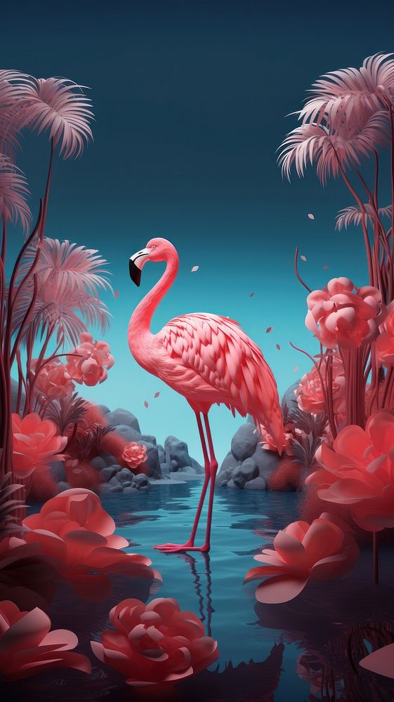 3d illustration of a flamingo animal bird reflection.