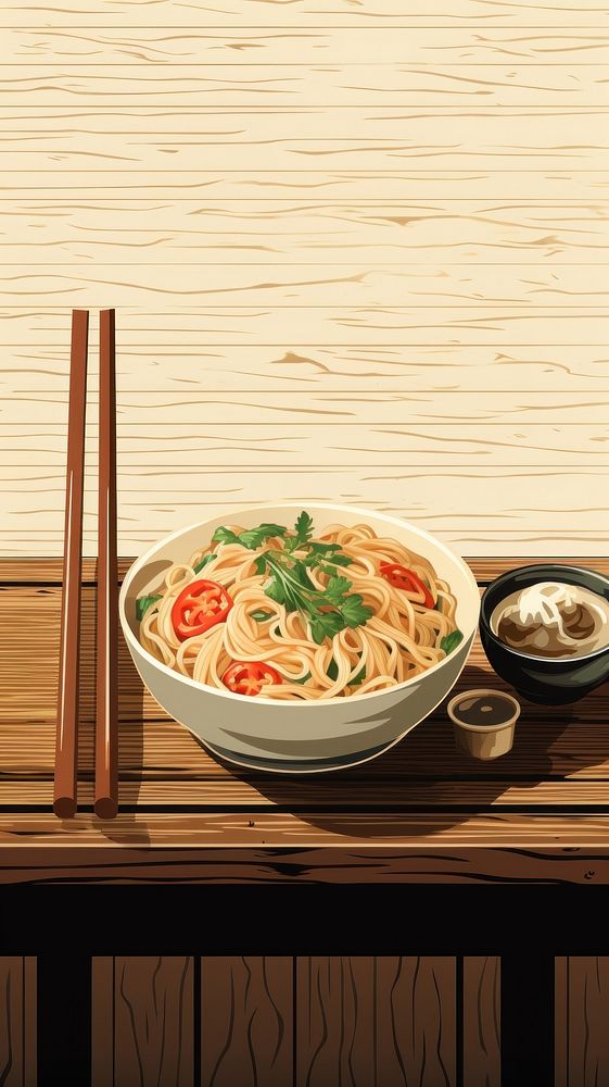 A wooden dining table with instant noodles chopsticks food meal.
