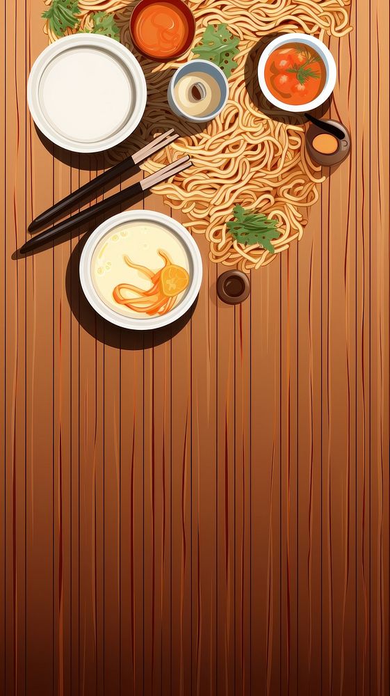 A wooden dining table with instant noodles chopsticks plate food.