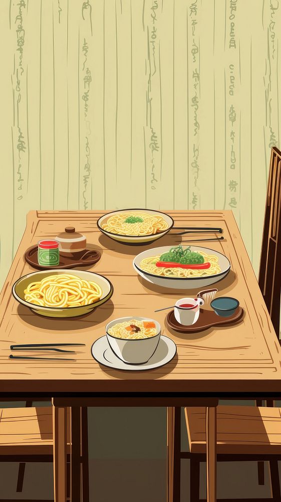A wooden dining table with instant noodles furniture plate food.