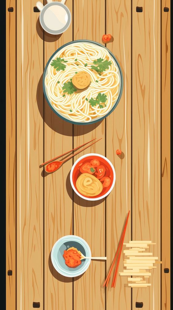 A wooden dining table with instant noodles food meal soup.
