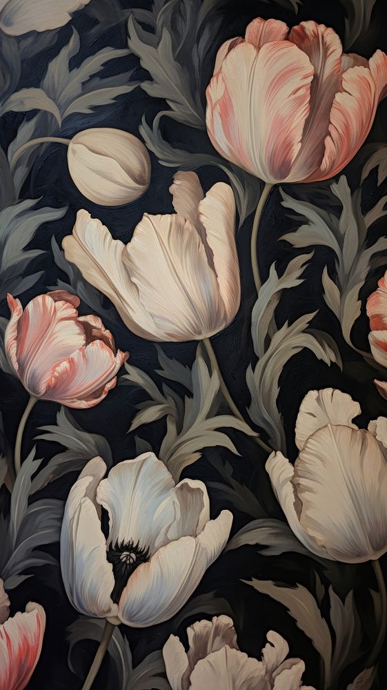  Black tulip flower pattern backgrounds painting plant. AI generated Image by rawpixel.
