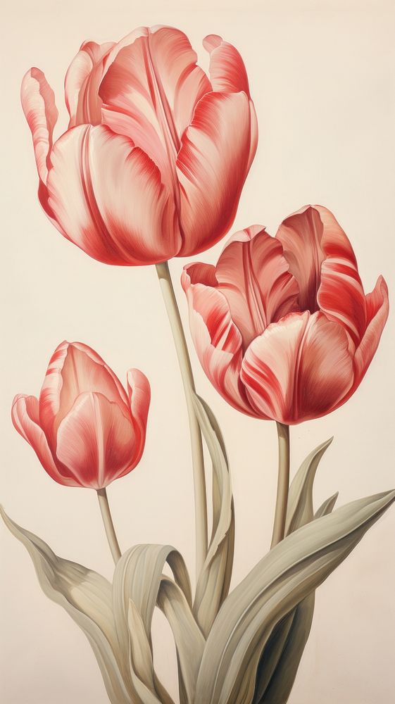  Red tulip pattern painting flower plant. 