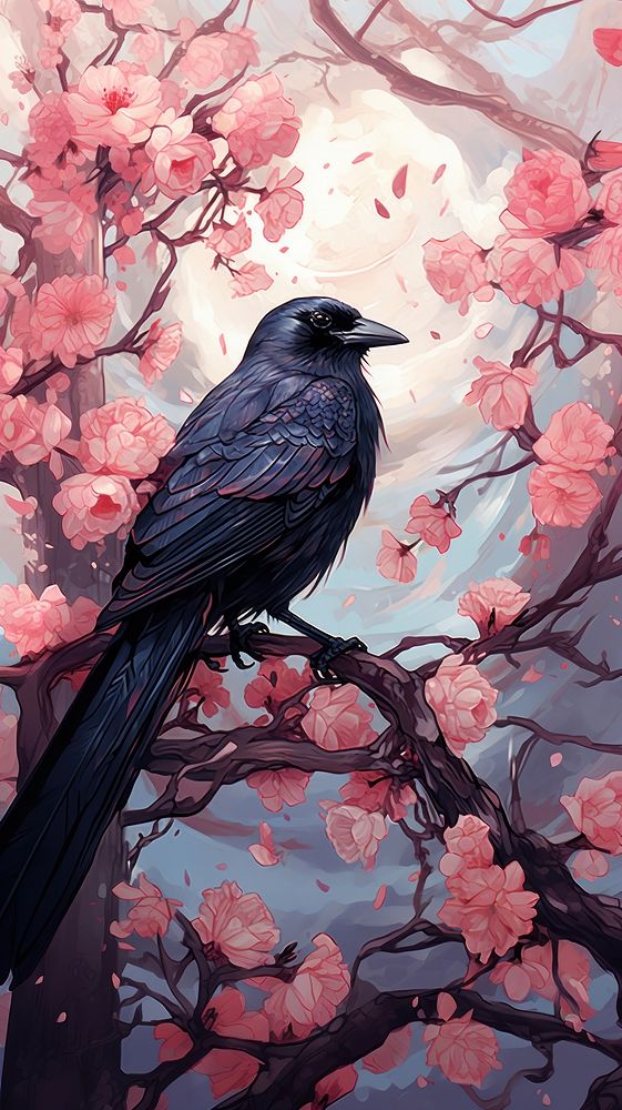 Crow and flowers plant bird blackbird.