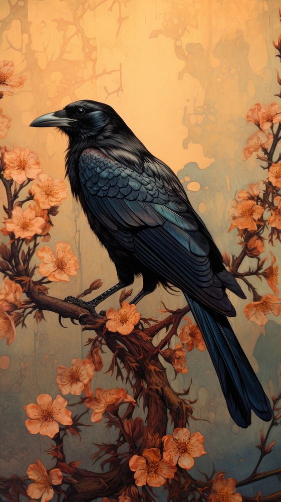 Crow and flowers painting animal bird.