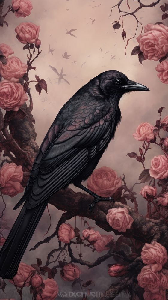 Illustration of a crow and roses animal flower plant.