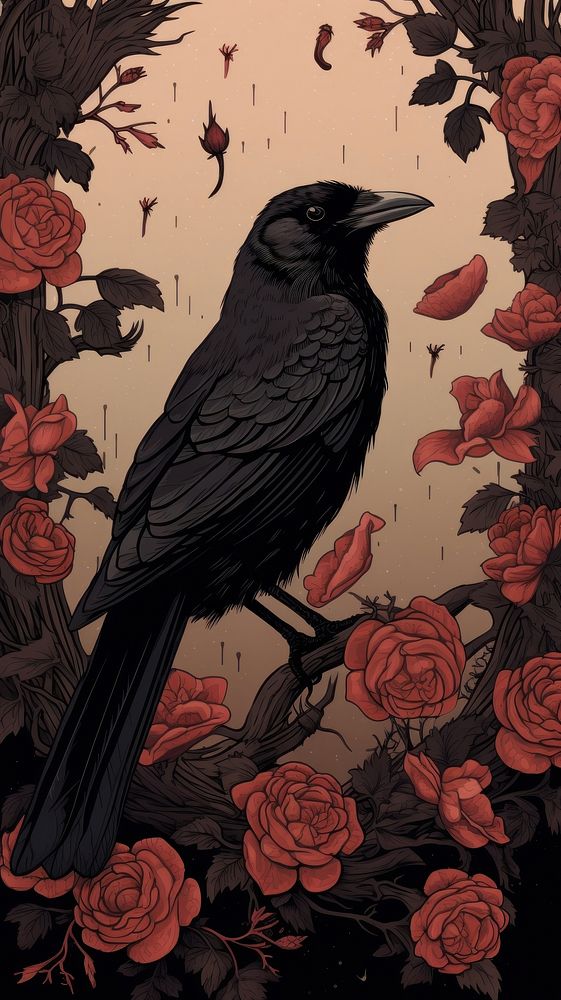 Illustration of a crow and roses blackbird plant wildlife.