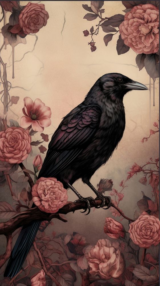 Illustration of a crow and roses blackbird animal art.