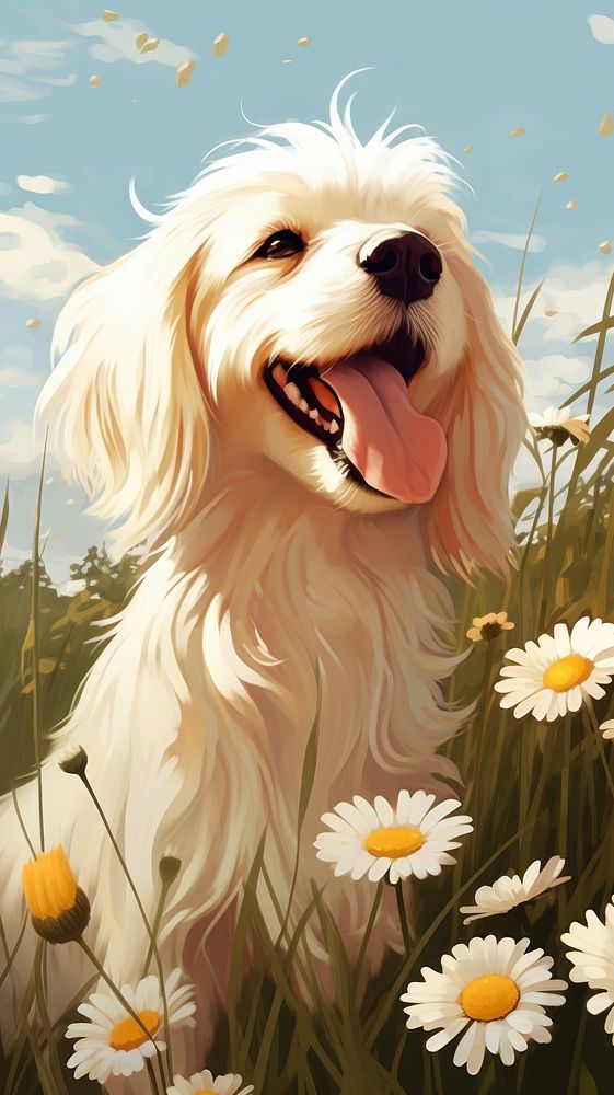 Illustration of a dog and daisy animal mammal flower.