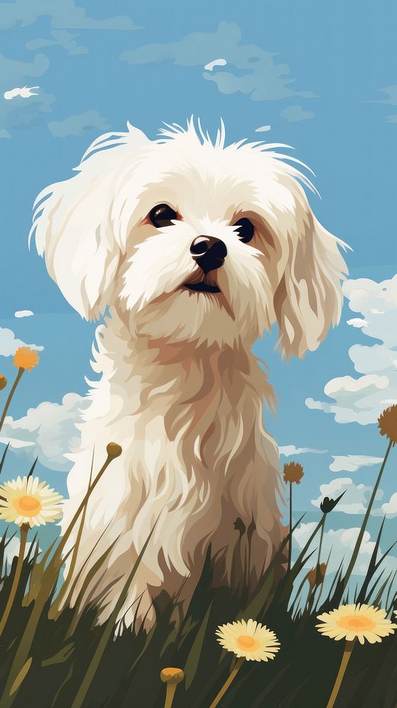 Illustration of a dog and daisy mammal animal flower.
