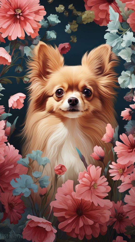 Illustration of a dog and flowers papillon portrait mammal.