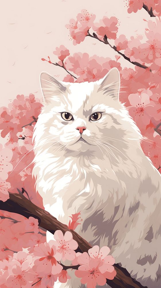 Illustration of a japanese cat with flowers animal mammal plant.