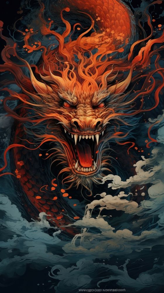 Illustration of a japanese dragon fire breath representation creativity aggression.