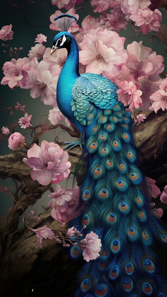 Illustration of a peacock and flowers animal plant bird.