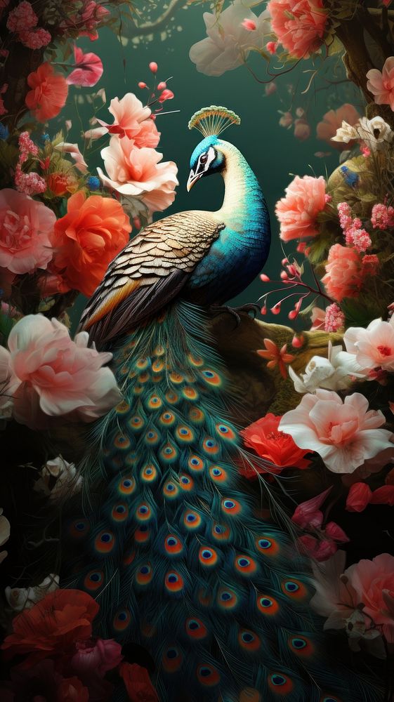 Illustration of a peacock and flowers painting animal plant.
