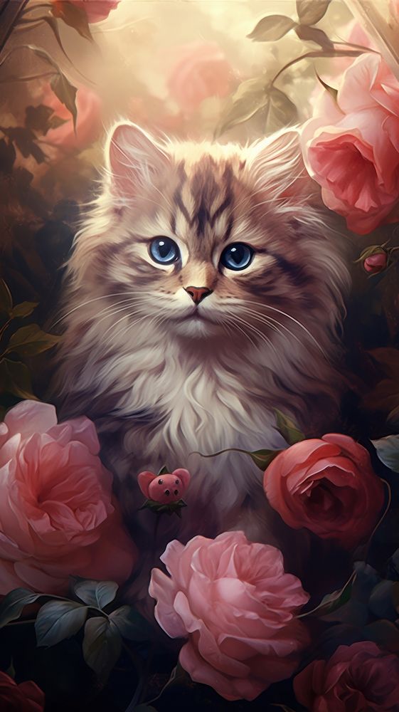 Illustration of cat and roses animal mammal kitten.