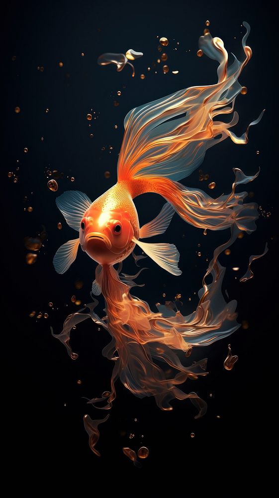 Illustration of goldfish reflection underwater darkness.