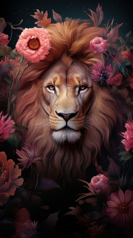 Lion and flowers painting animal mammal.