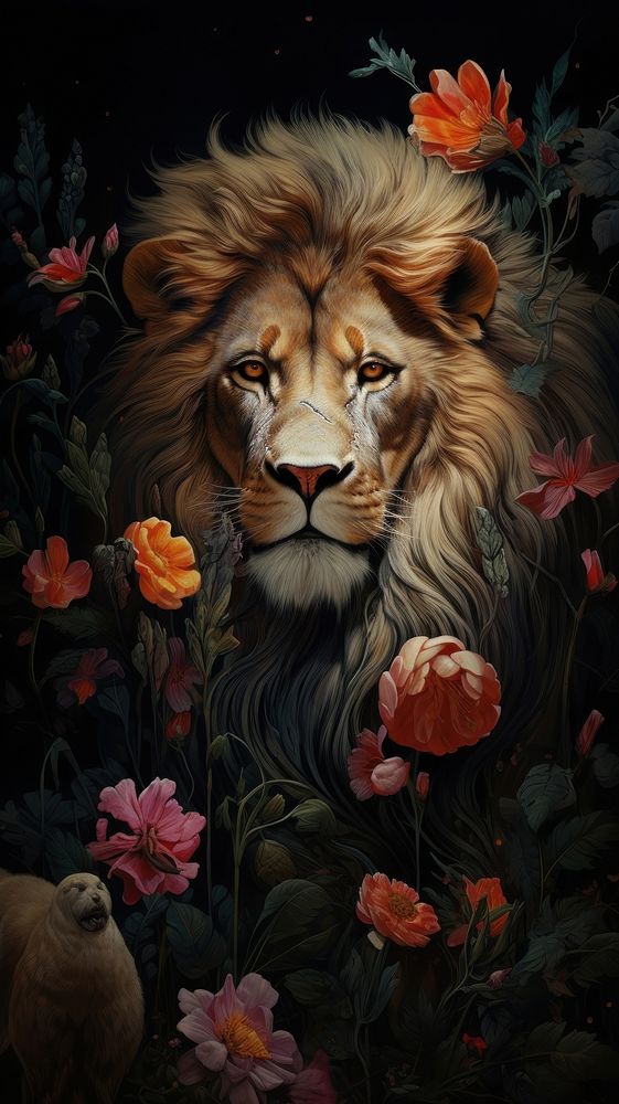 Illustration of lion and flowers painting animal mammal.