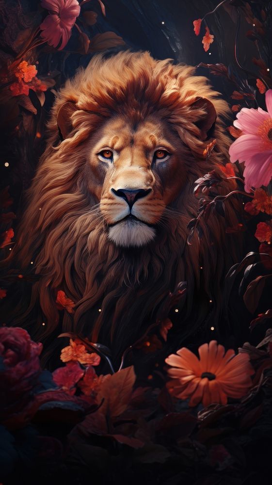 Illustration of lion and flowers painting mammal animal.