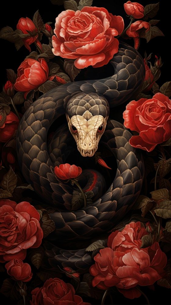 Illustration of snake and roses reptile animal art.