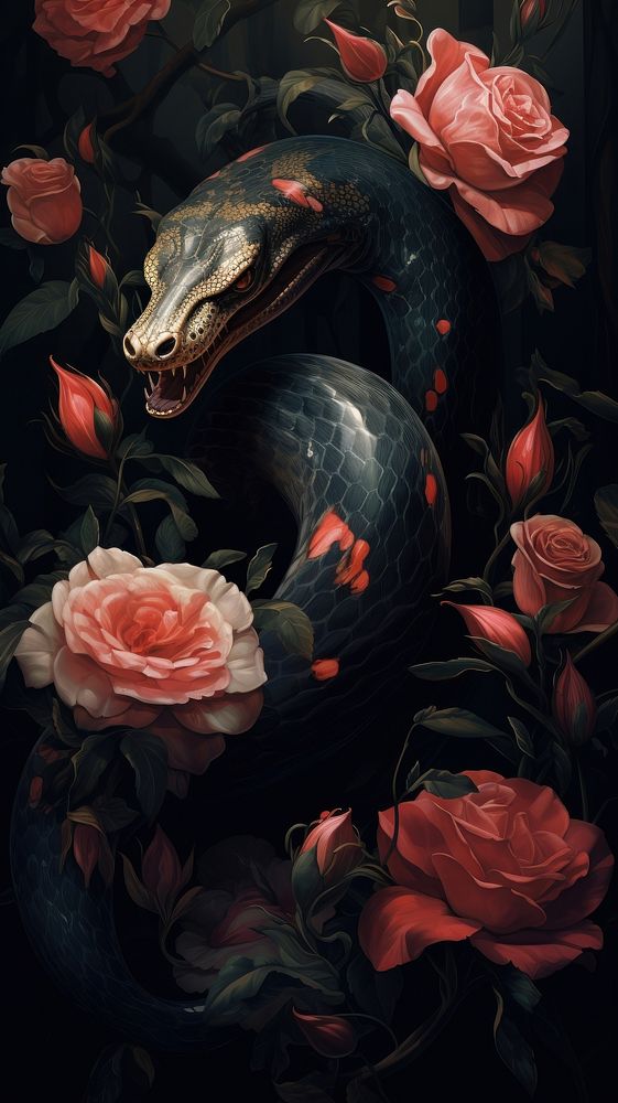 Illustration of snake and roses painting reptile animal.