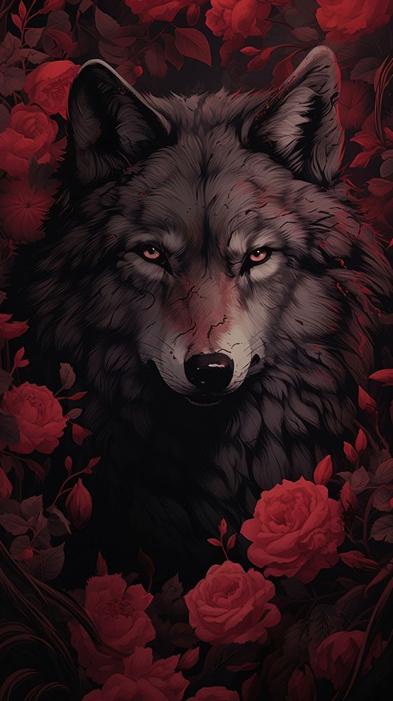 Illustration of wolf and roses mammal animal flower.