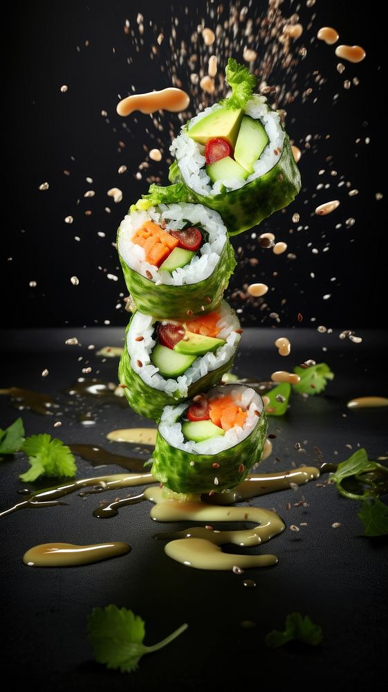 Vegan vegetables sushi rolls food rice meal.