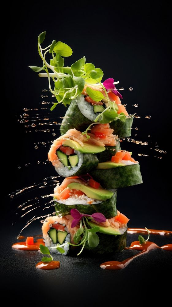 Vegan vegetables sushi rolls food meal appetizer.