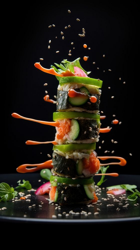 Vegan vegetables sushi rolls food meal dish.