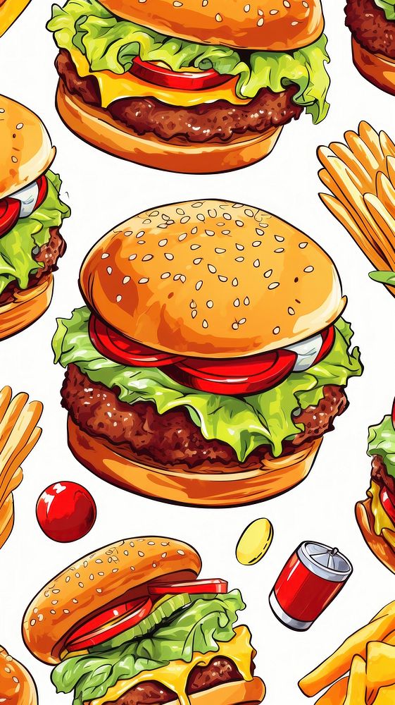 Pattern with burgers food hamburger fast food.