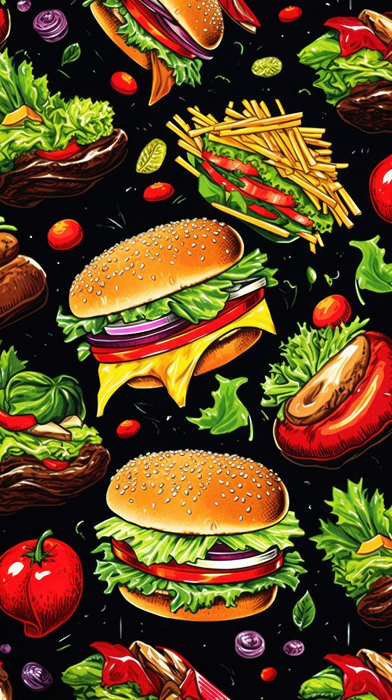 Pattern with burgers food lunch meal.