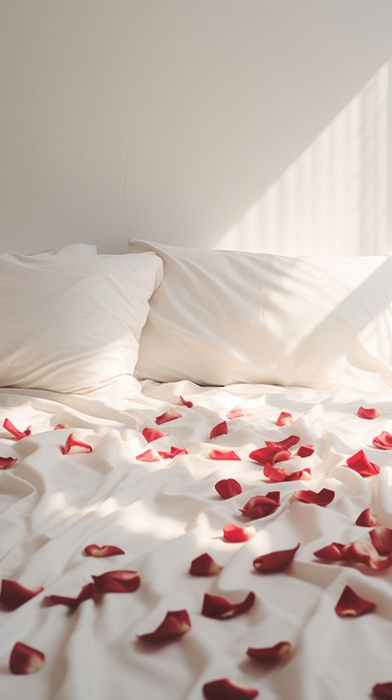  Rose petals on the white bed furniture pillow flower. AI generated Image by rawpixel.