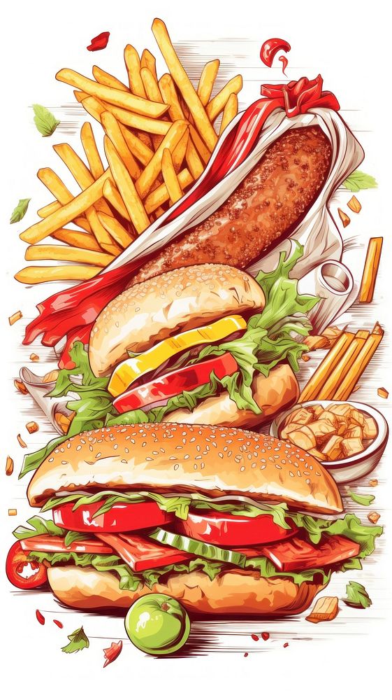 Hamburger ketchup lunch fries.