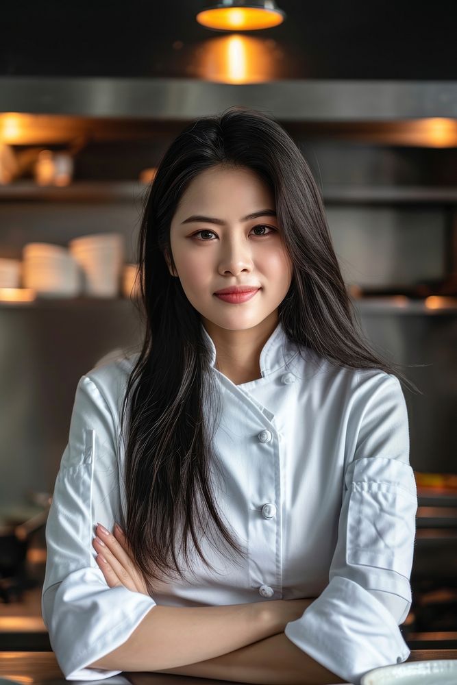 Thai female chef restaurant portrait smile.