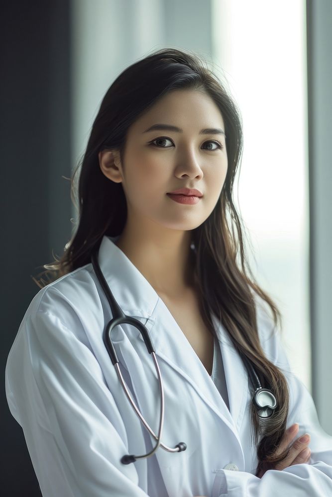 Vietnamese female doctor stethoscope portrait hospital.
