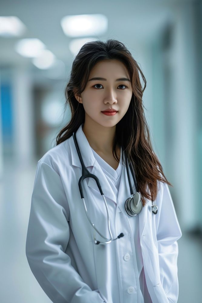Vietnamese female doctor stethoscope hospital portrait.