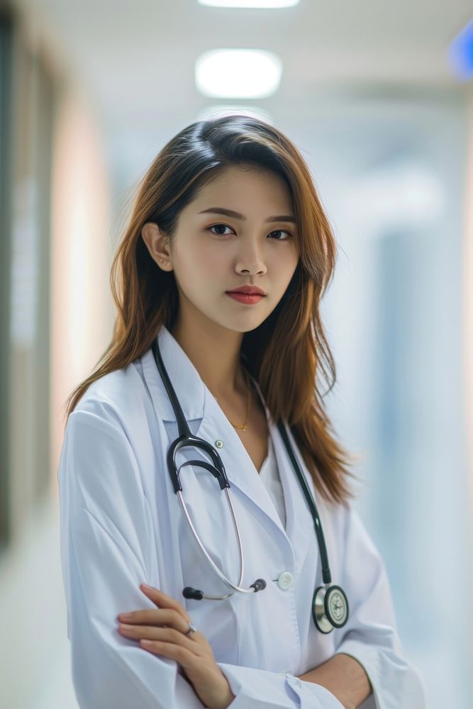 Woman Thai doctor stethoscope portrait hospital.