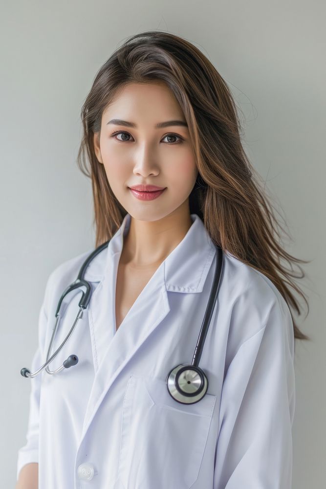 Woman Thai doctor stethoscope portrait hairstyle.