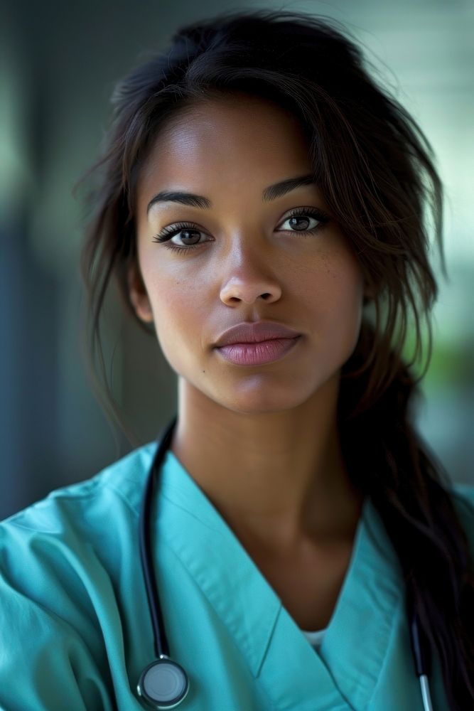 Multi ethnic nurse at work stethoscope hairstyle physician.