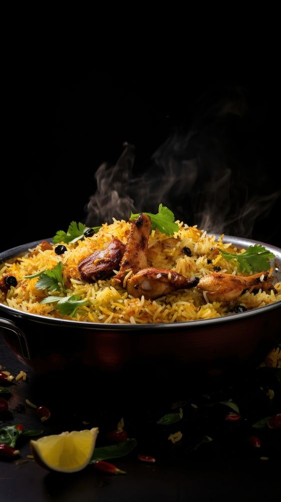 Indian chicken biryani food paella plate.