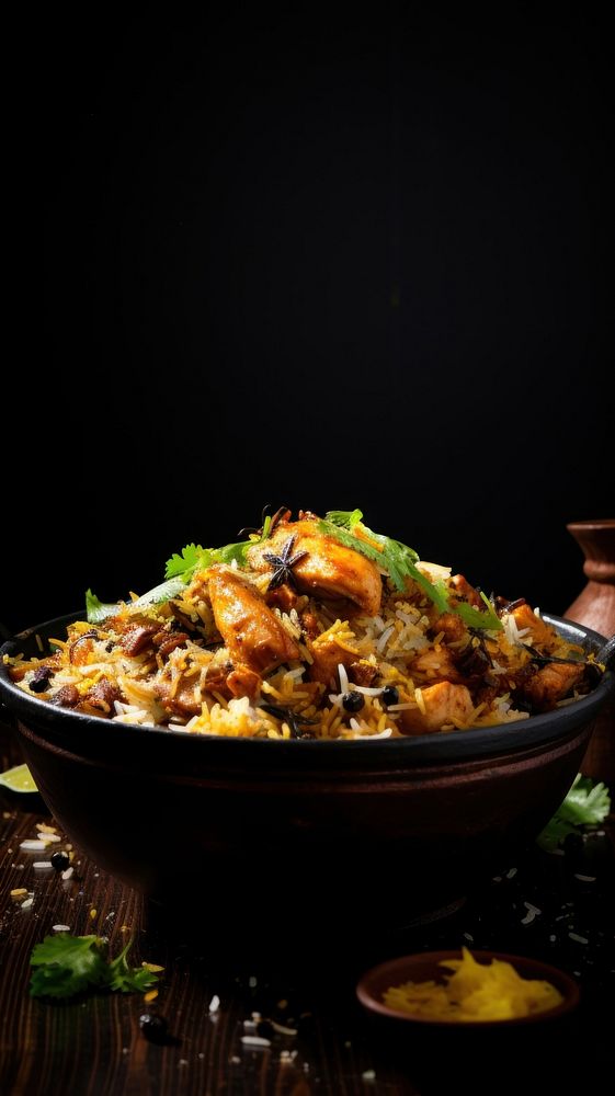 Indian chicken biryani food plate black background.