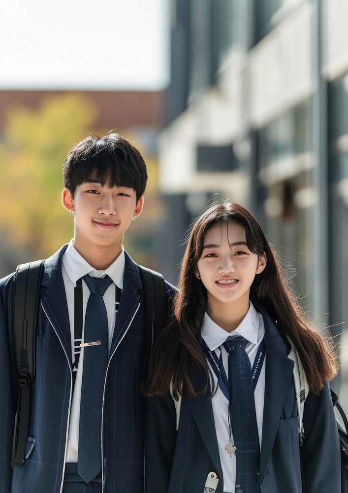 Korean high school student standing uniform happy.
