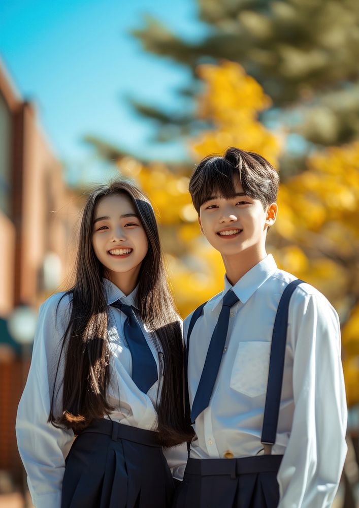 Korean high school student standing happy togetherness.